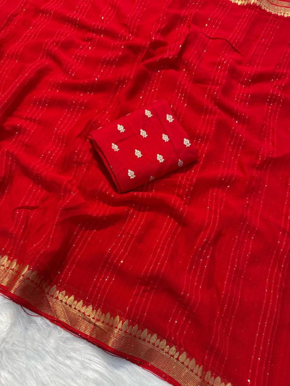 Viscose Georgette Saree with Woven Sequins Stripes and Embroidered Butti Blouse Piece