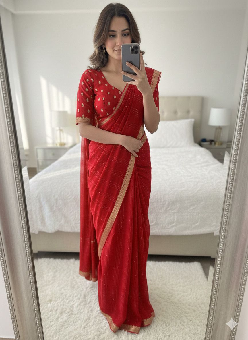 Viscose Georgette Saree with Woven Sequins Stripes and Embroidered Butti Blouse Piece