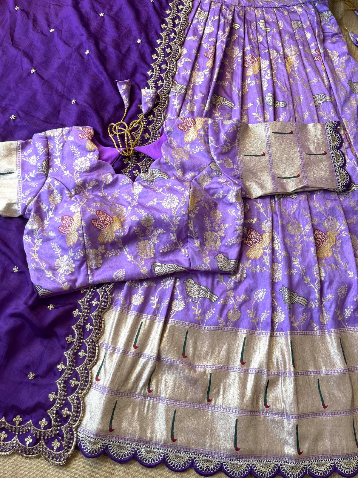 Muniya Border Paithani Lehenga Choli | Dola Silk Weaving Zari Work with Cutwork Chinon Dupatta