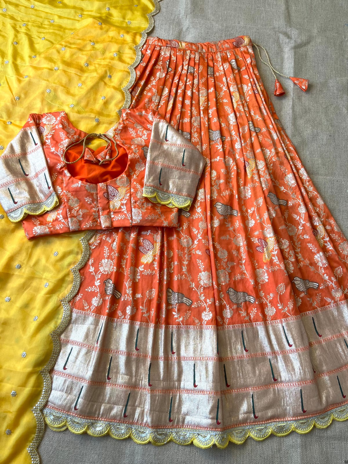 Muniya Border Paithani Lehenga Choli | Dola Silk Weaving Zari Work with Cutwork Chinon Dupatta