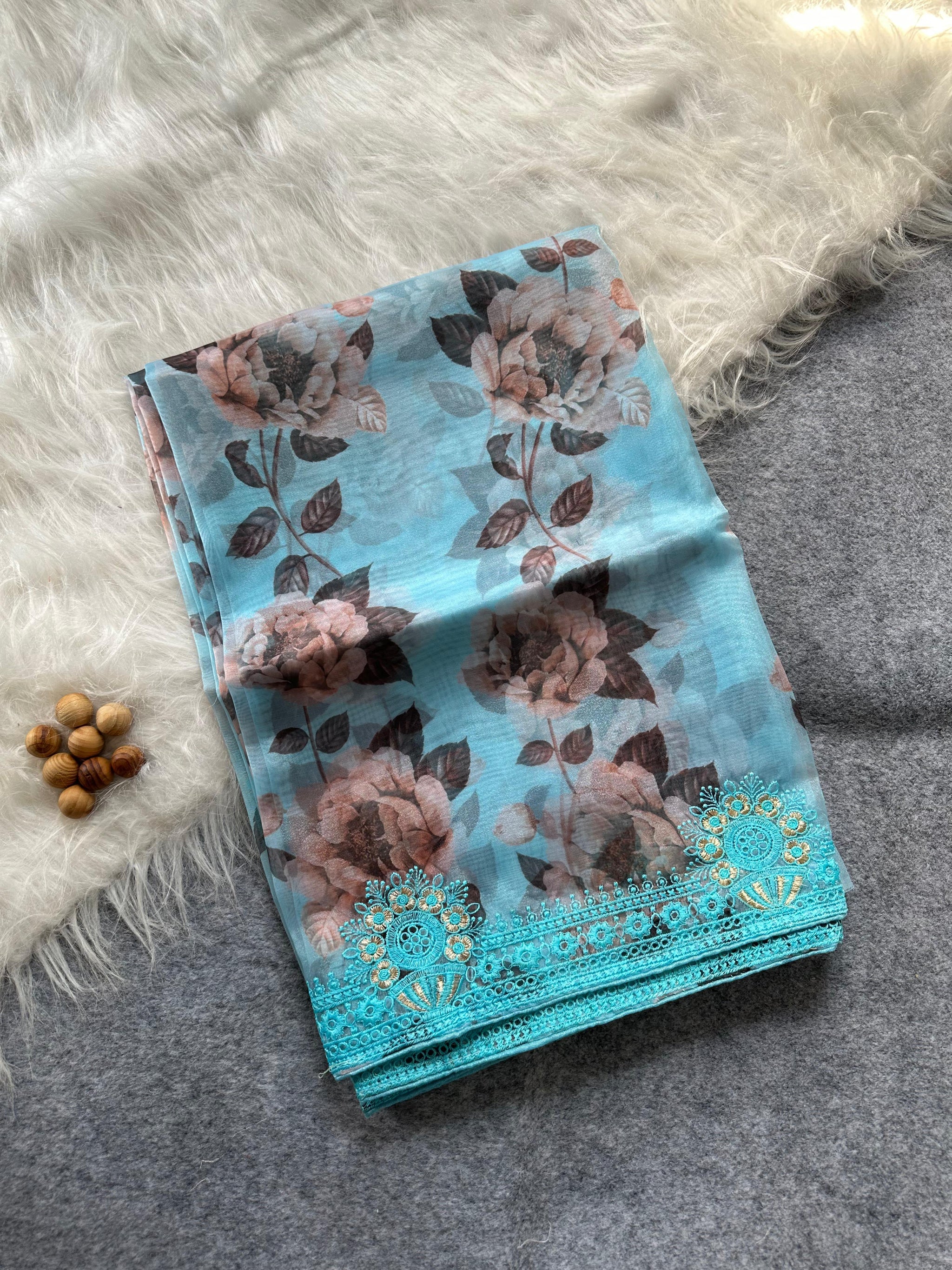 Designer Floral Organza Saree with Digital Print & Intricate Embroidery Border