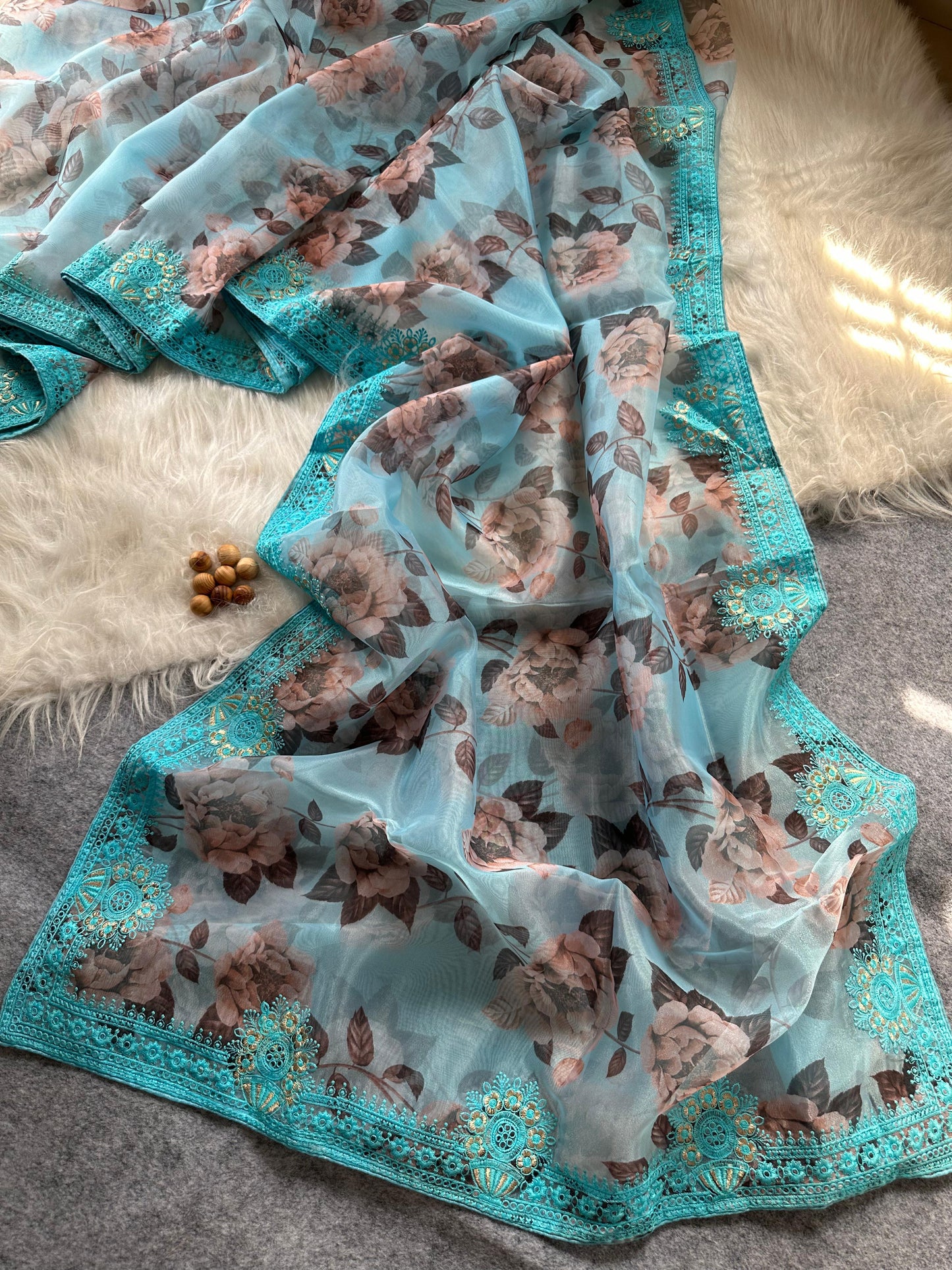 Designer Floral Organza Saree with Digital Print & Intricate Embroidery Border