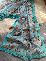 Designer Floral Organza Saree with Digital Print & Intricate Embroidery Border