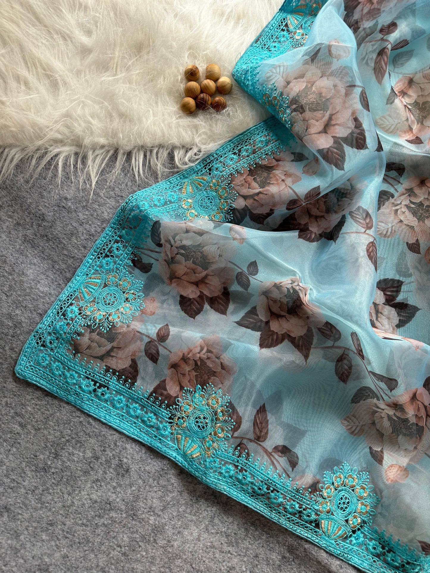 Designer Floral Organza Saree with Digital Print & Intricate Embroidery Border