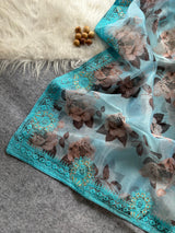 Designer Floral Organza Saree with Digital Print & Intricate Embroidery Border