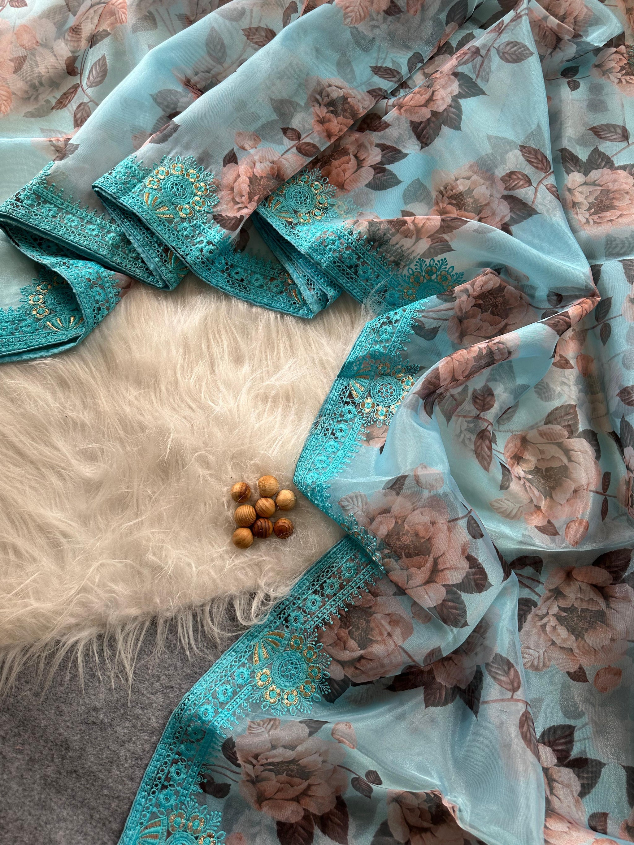 Designer Floral Organza Saree with Digital Print & Intricate Embroidery Border