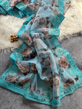 Designer Floral Organza Saree with Digital Print & Intricate Embroidery Border