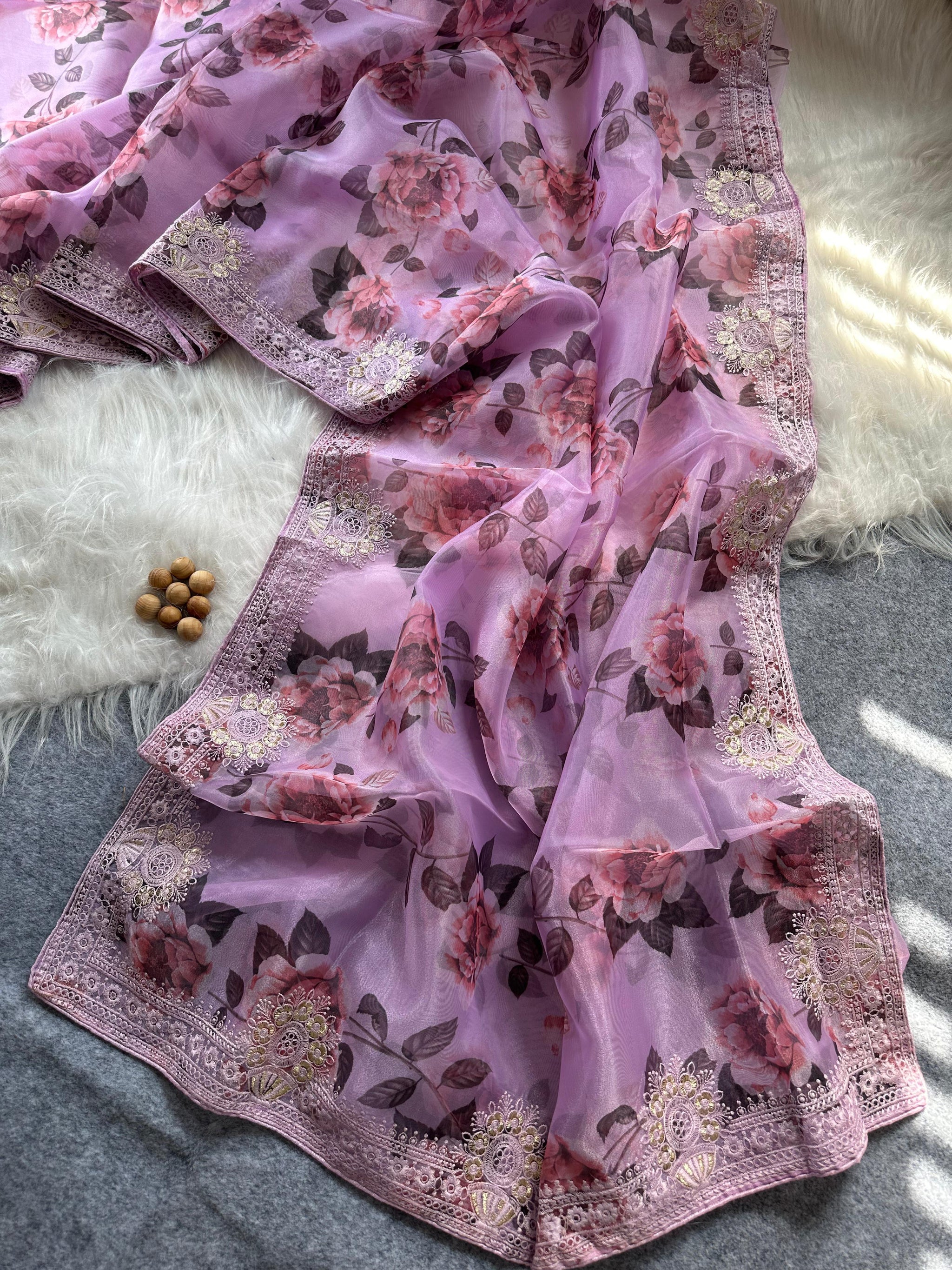 Designer Floral Organza Saree with Digital Print & Intricate Embroidery Border