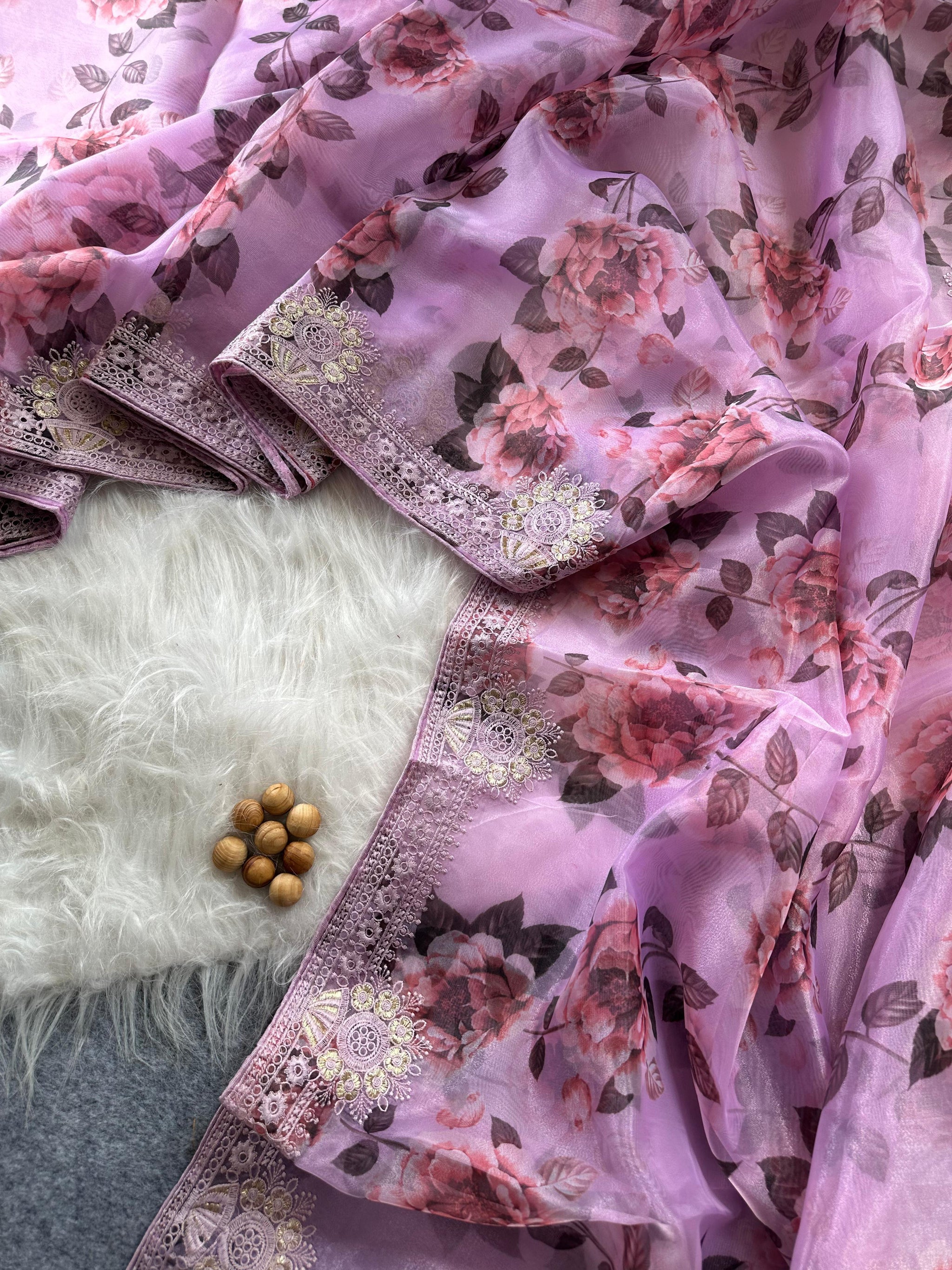 Designer Floral Organza Saree with Digital Print & Intricate Embroidery Border