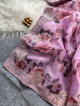 Designer Floral Organza Saree with Digital Print & Intricate Embroidery Border