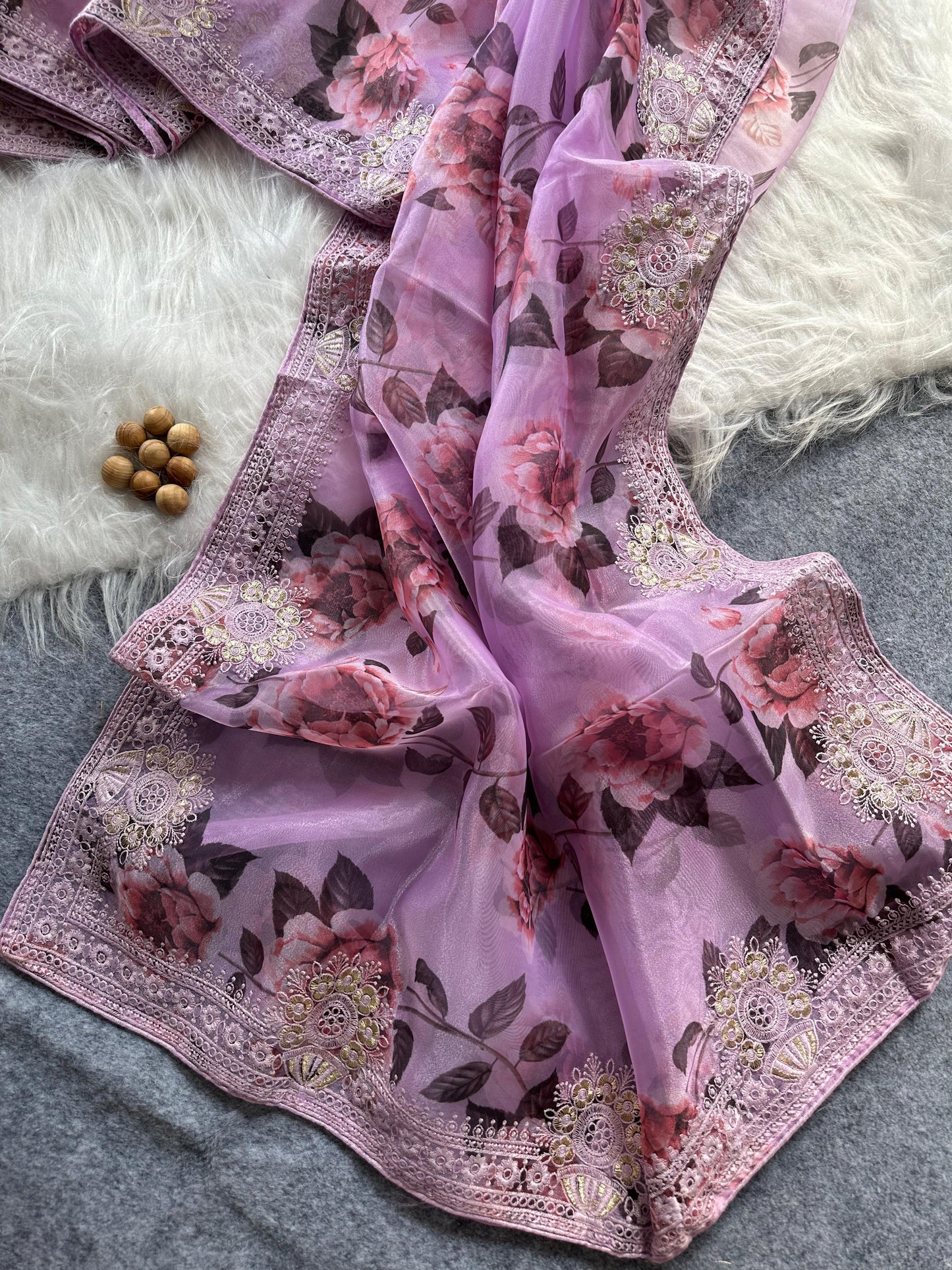 Designer Floral Organza Saree with Digital Print & Intricate Embroidery Border