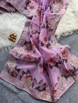 Designer Floral Organza Saree with Digital Print & Intricate Embroidery Border