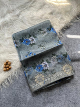 Designer Floral Organza Saree with Digital Print & Intricate Embroidery Border