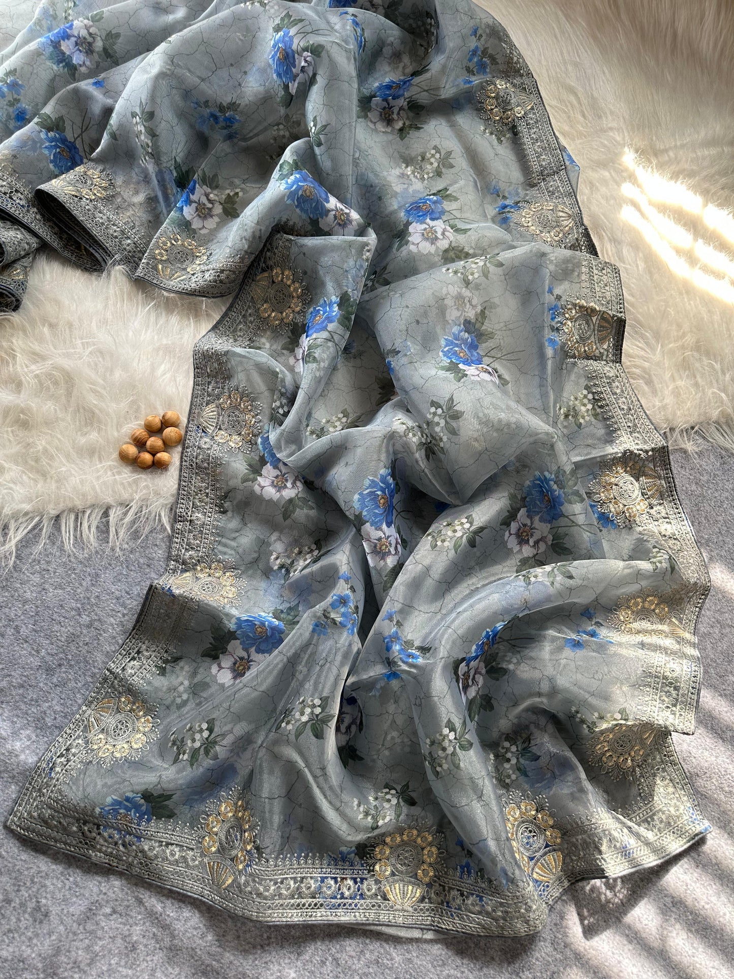 Designer Floral Organza Saree with Digital Print & Intricate Embroidery Border