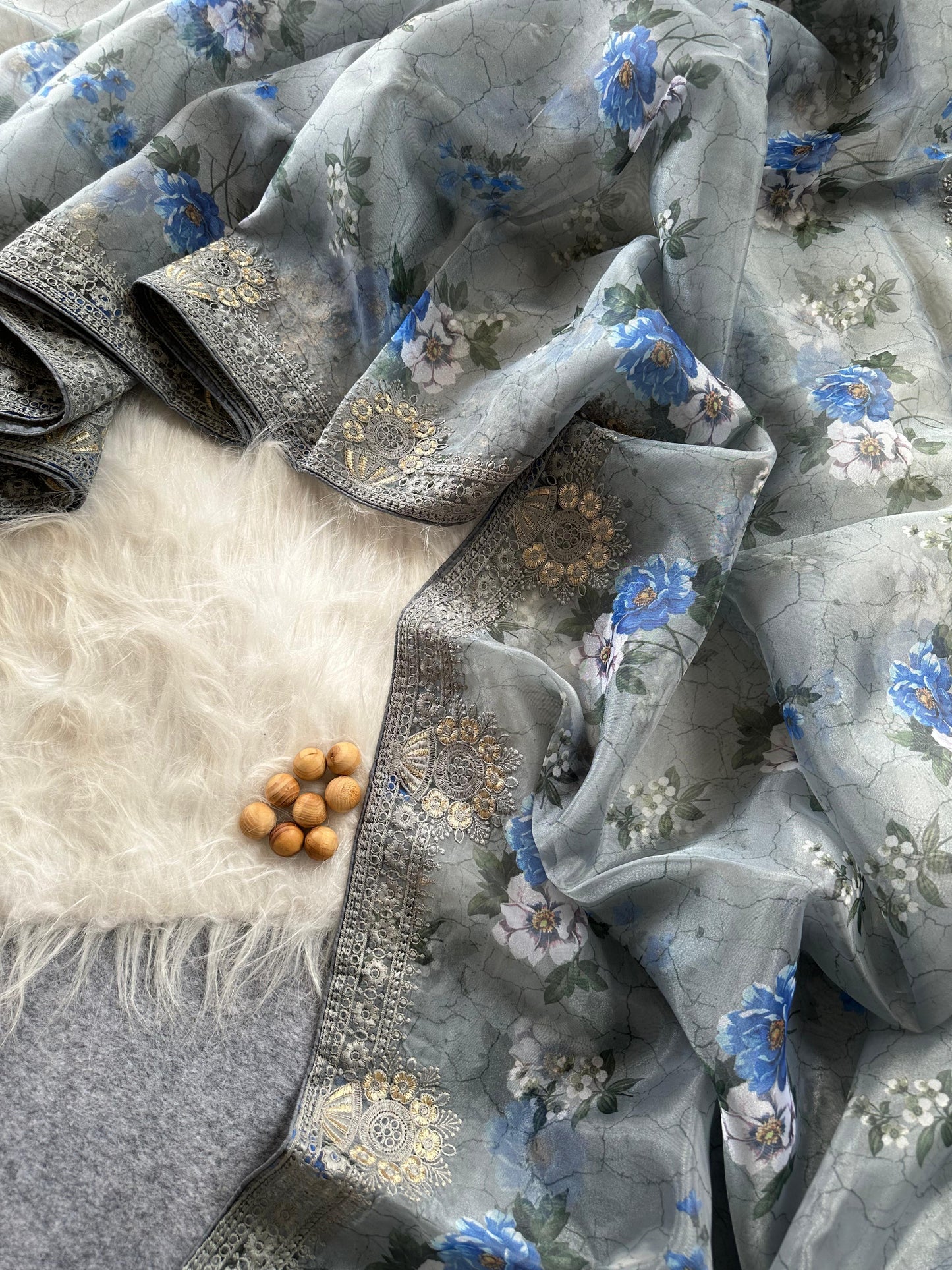 Designer Floral Organza Saree with Digital Print & Intricate Embroidery Border