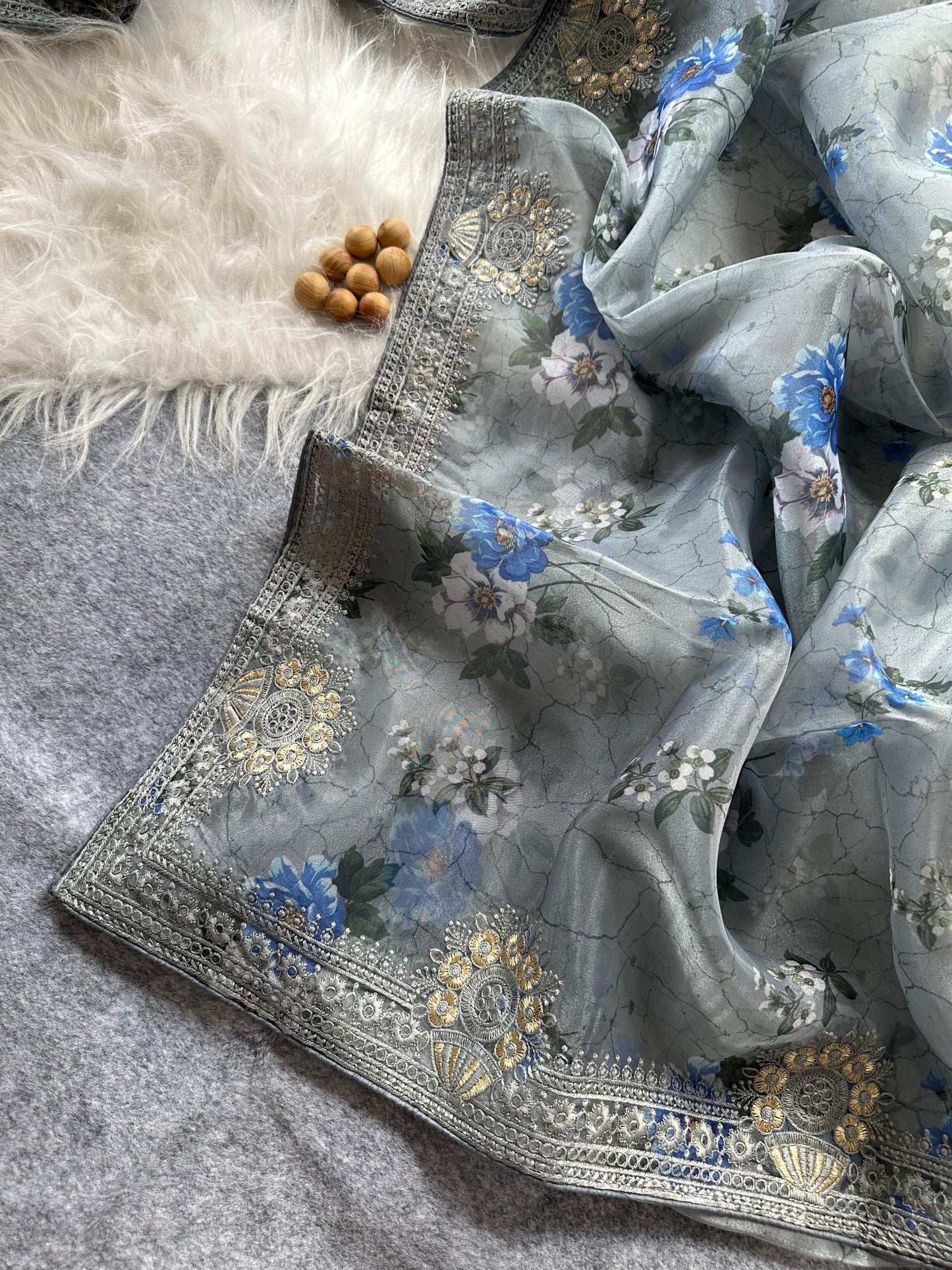 Designer Floral Organza Saree with Digital Print & Intricate Embroidery Border