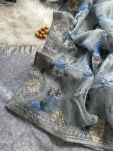 Designer Floral Organza Saree with Digital Print & Intricate Embroidery Border