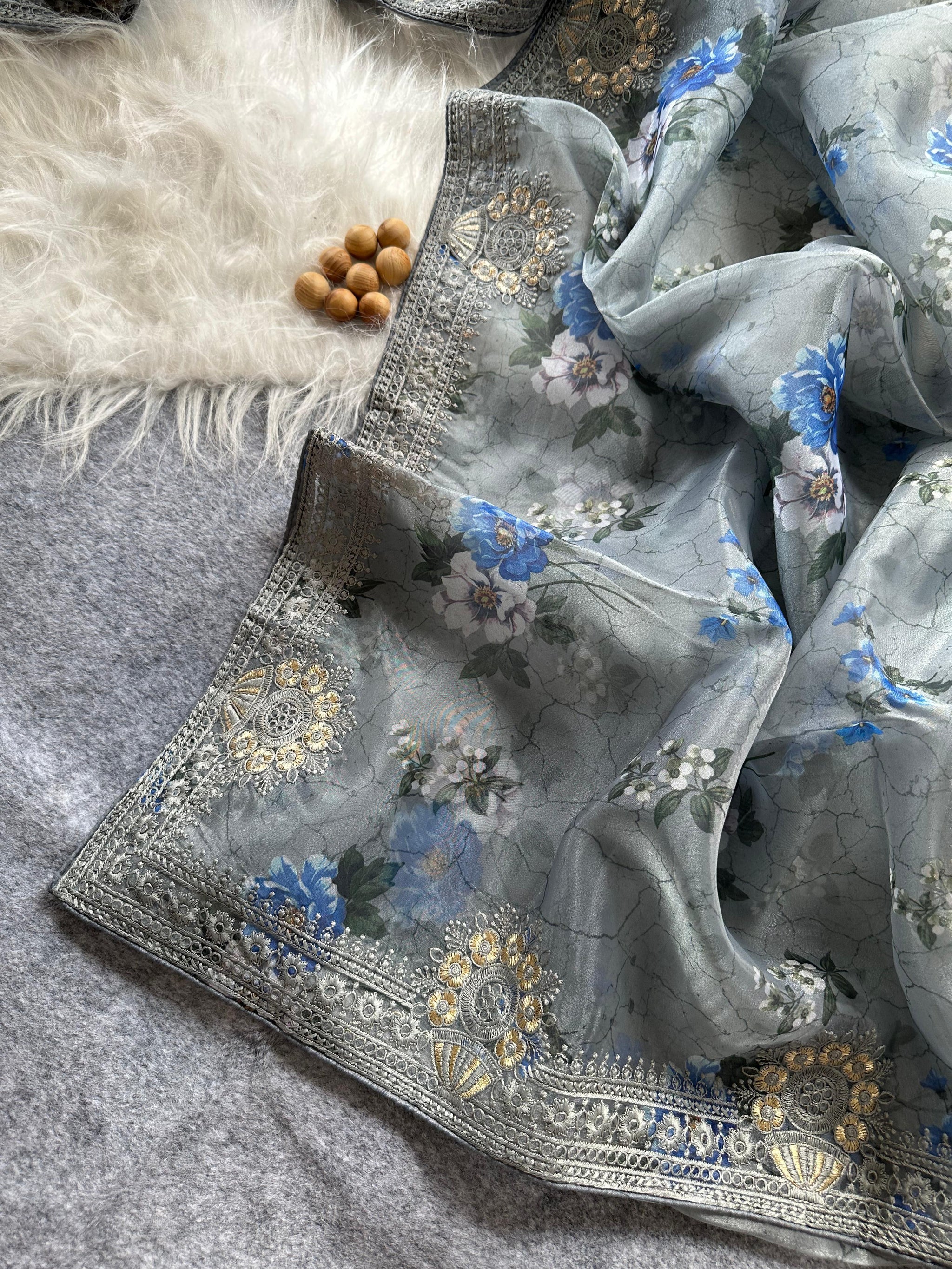 Designer Floral Organza Saree with Digital Print & Intricate Embroidery Border