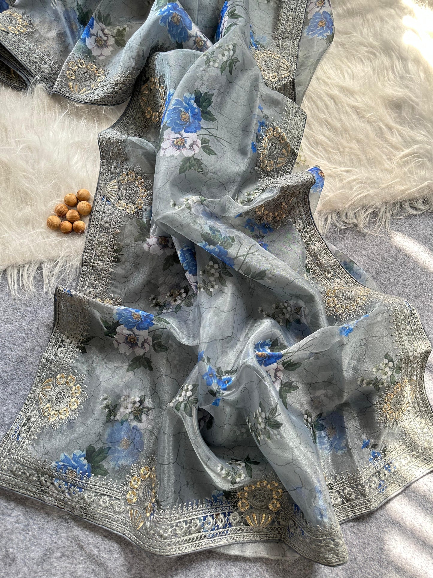 Designer Floral Organza Saree with Digital Print & Intricate Embroidery Border