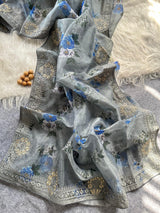 Designer Floral Organza Saree with Digital Print & Intricate Embroidery Border