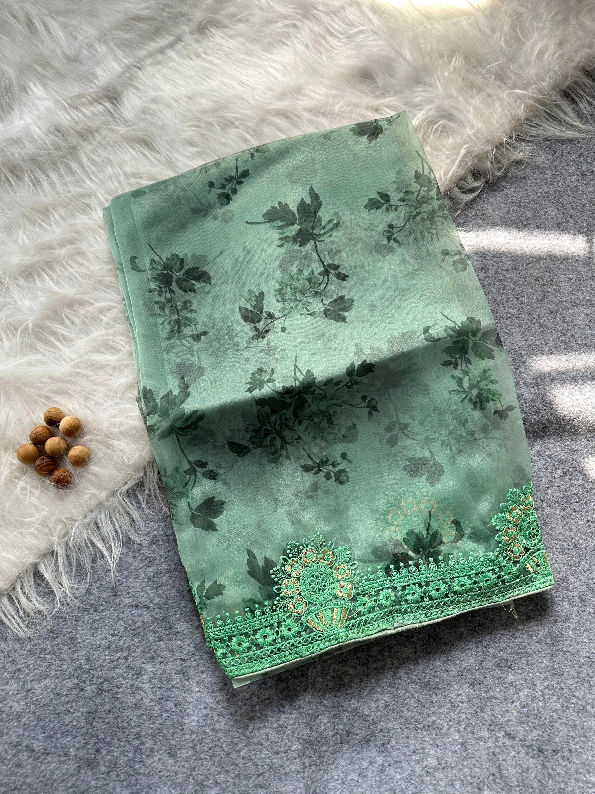 Designer Floral Organza Saree with Digital Print & Intricate Embroidery Border