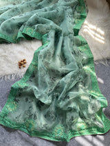 Designer Floral Organza Saree with Digital Print & Intricate Embroidery Border