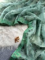 Designer Floral Organza Saree with Digital Print & Intricate Embroidery Border