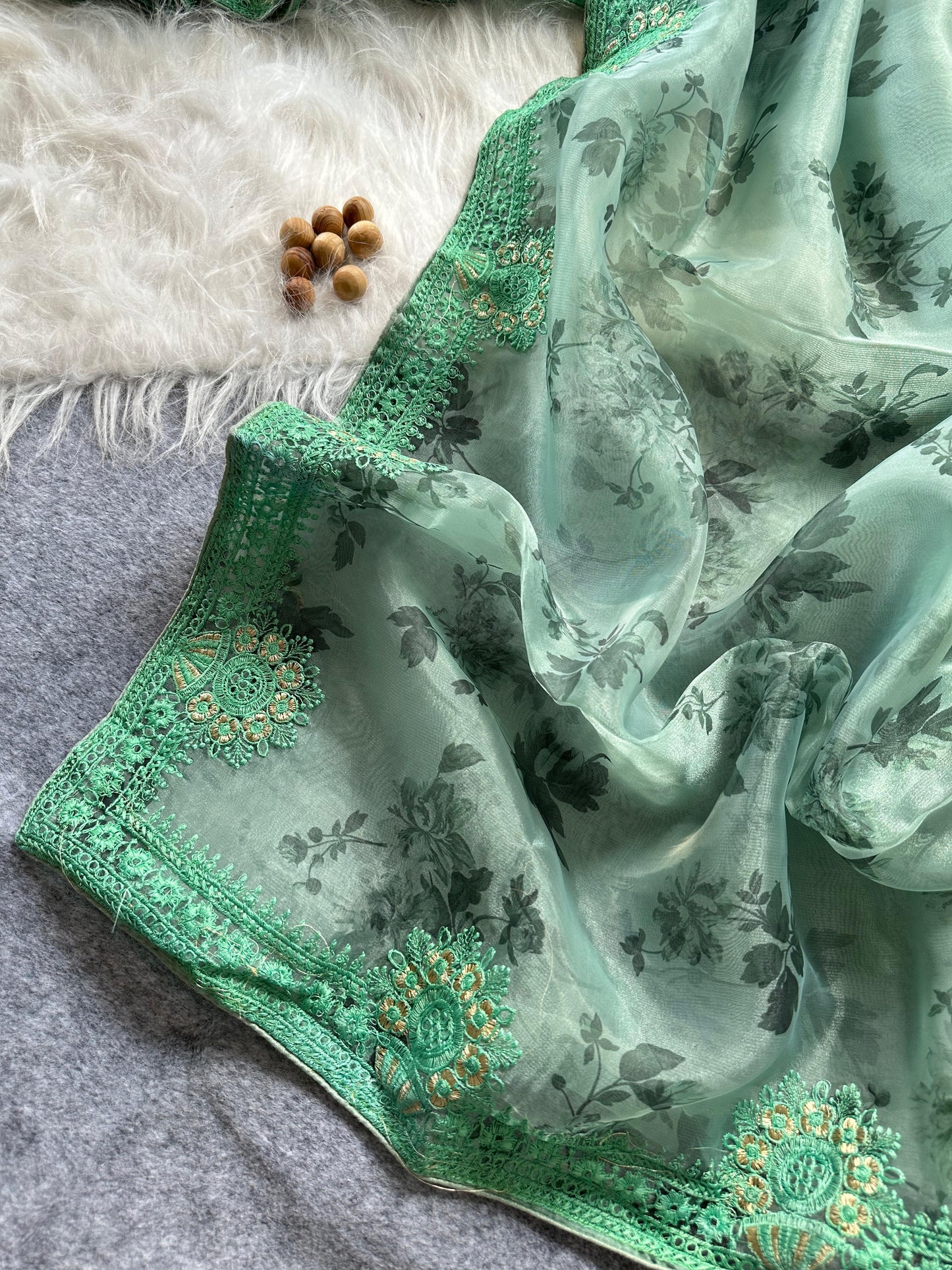 Designer Floral Organza Saree with Digital Print & Intricate Embroidery Border