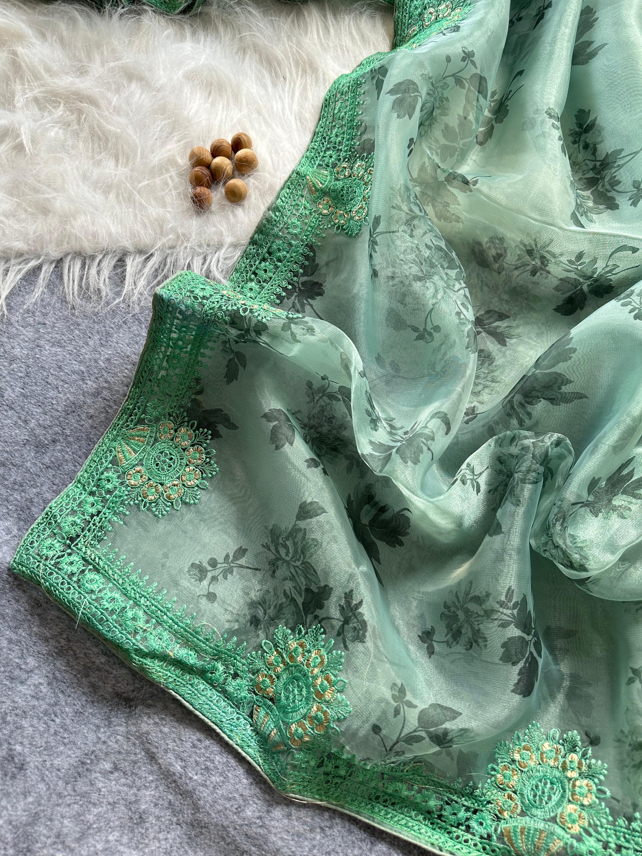 Designer Floral Organza Saree with Digital Print & Intricate Embroidery Border