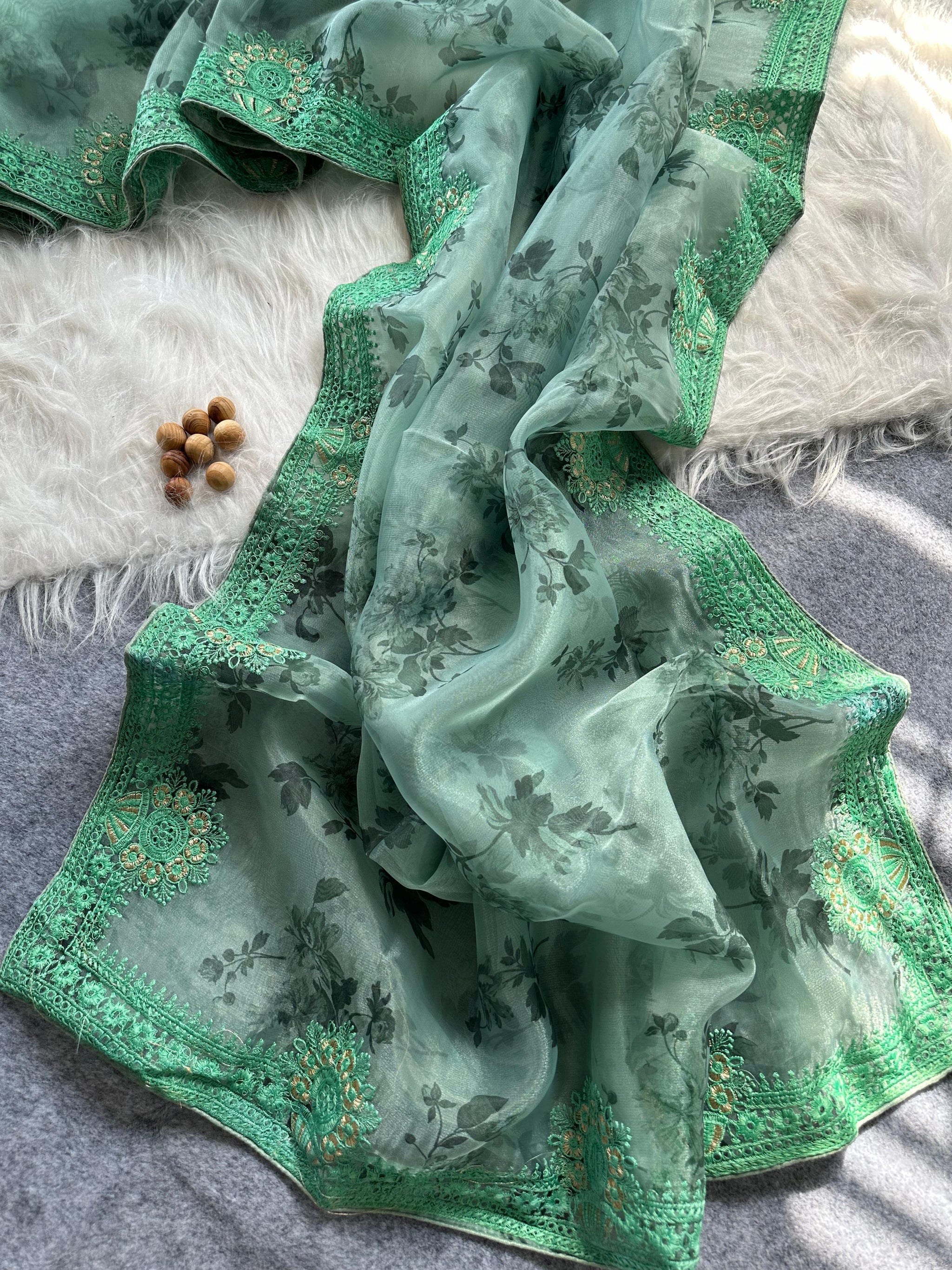 Designer Floral Organza Saree with Digital Print & Intricate Embroidery Border