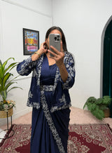 Designer Chinon Saree with Fully Embroidered Koti Jacket & Waist Belt Set