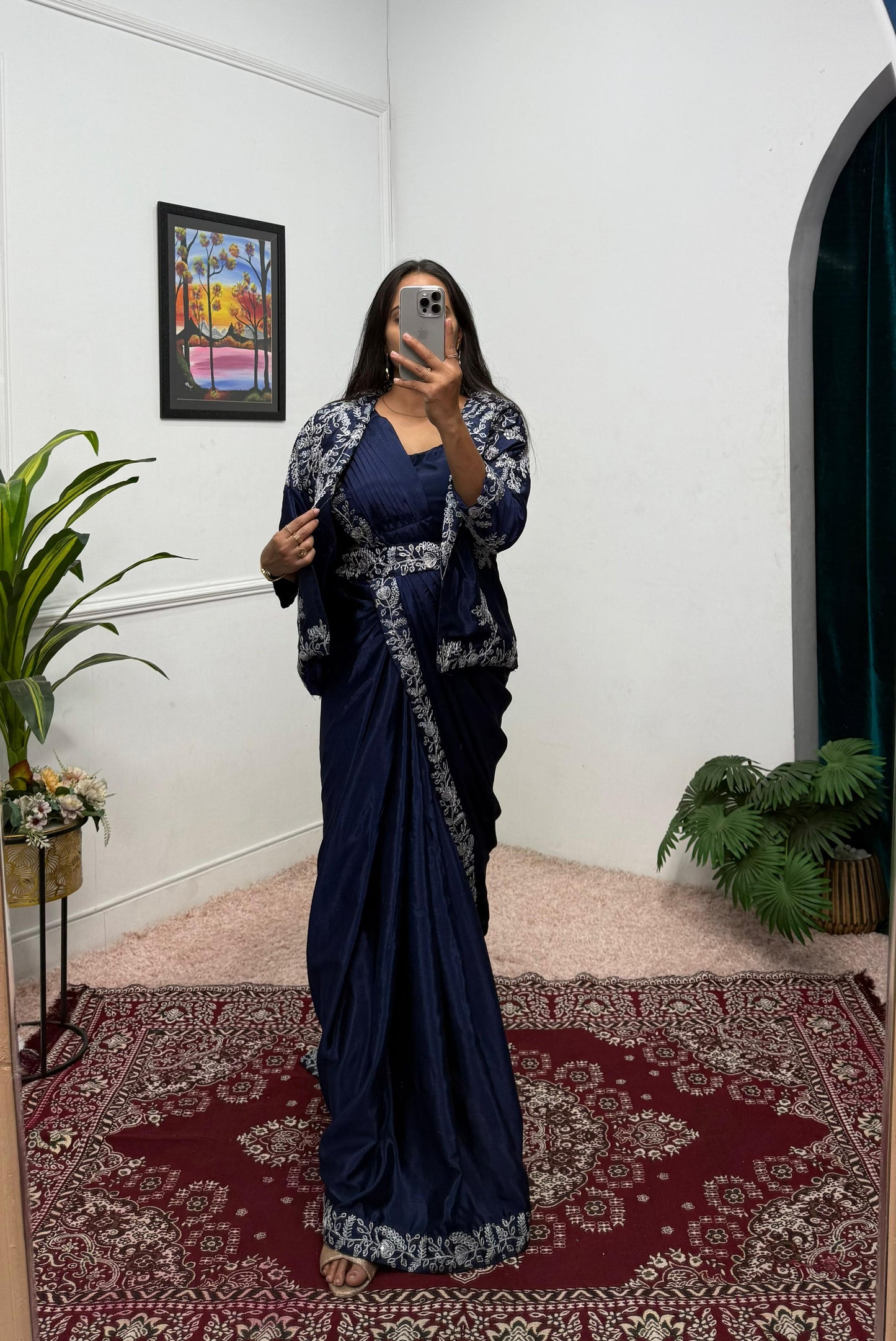 Designer Chinon Saree with Fully Embroidered Koti Jacket & Waist Belt Set