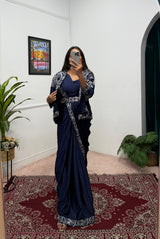 Designer Chinon Saree with Fully Embroidered Koti Jacket & Waist Belt Set