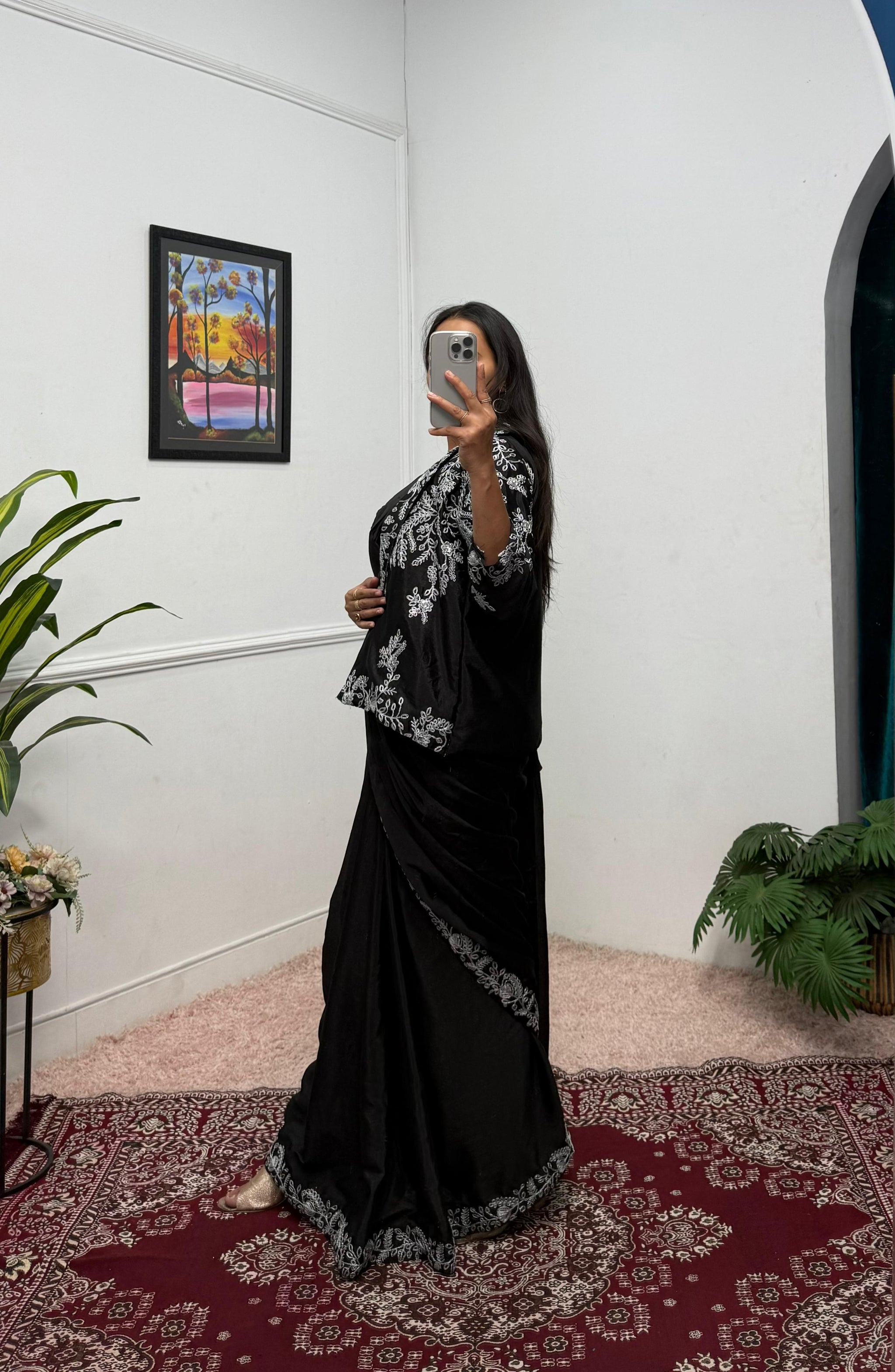 Designer Chinon Saree with Fully Embroidered Koti Jacket & Waist Belt Set