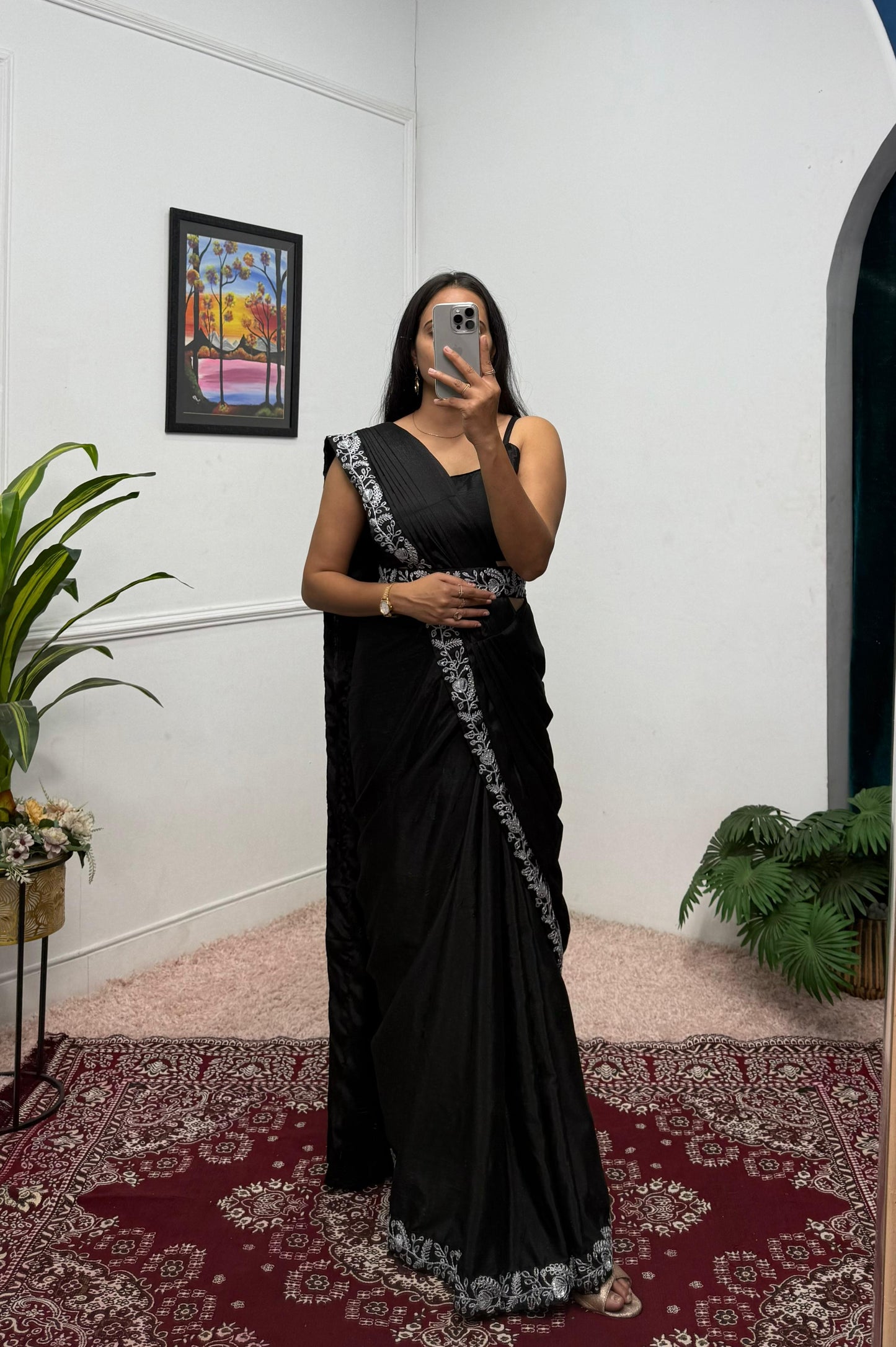 Designer Chinon Saree with Fully Embroidered Koti Jacket & Waist Belt Set
