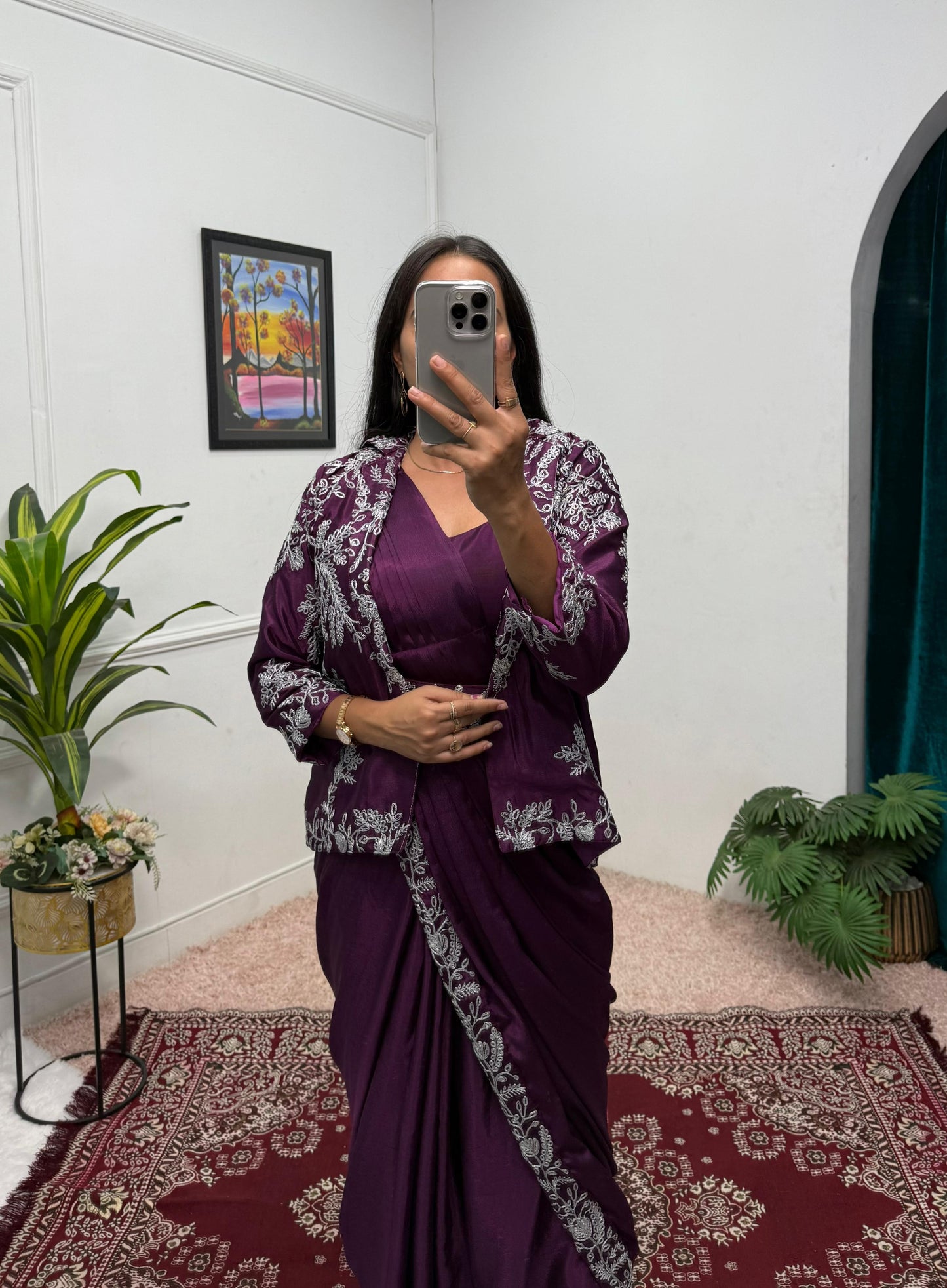 Designer Chinon Saree with Fully Embroidered Koti Jacket & Waist Belt Set