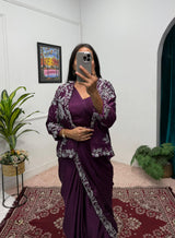 Designer Chinon Saree with Fully Embroidered Koti Jacket & Waist Belt Set