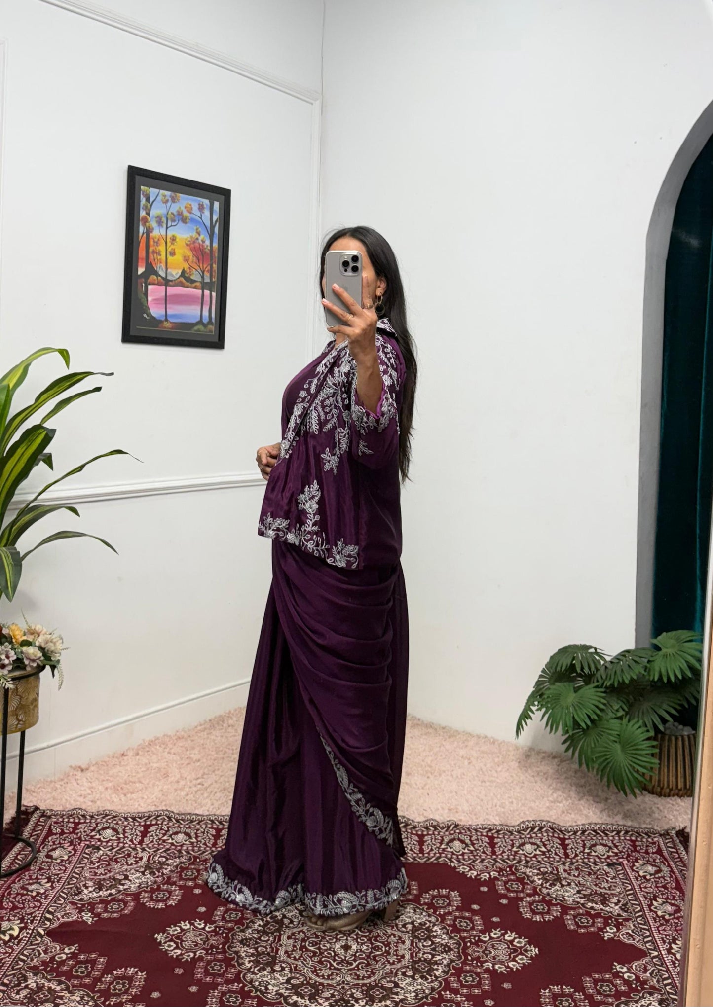 Designer Chinon Saree with Fully Embroidered Koti Jacket & Waist Belt Set
