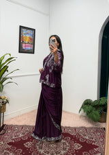 Designer Chinon Saree with Fully Embroidered Koti Jacket & Waist Belt Set