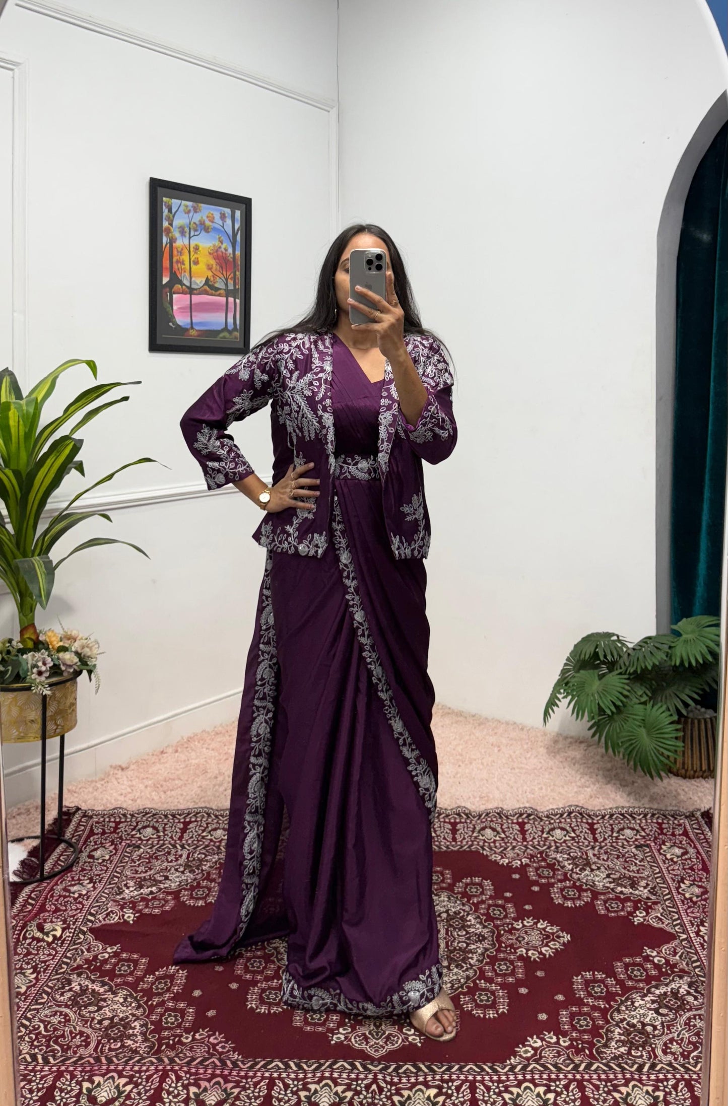 Designer Chinon Saree with Fully Embroidered Koti Jacket & Waist Belt Set