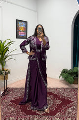 Designer Chinon Saree with Fully Embroidered Koti Jacket & Waist Belt Set