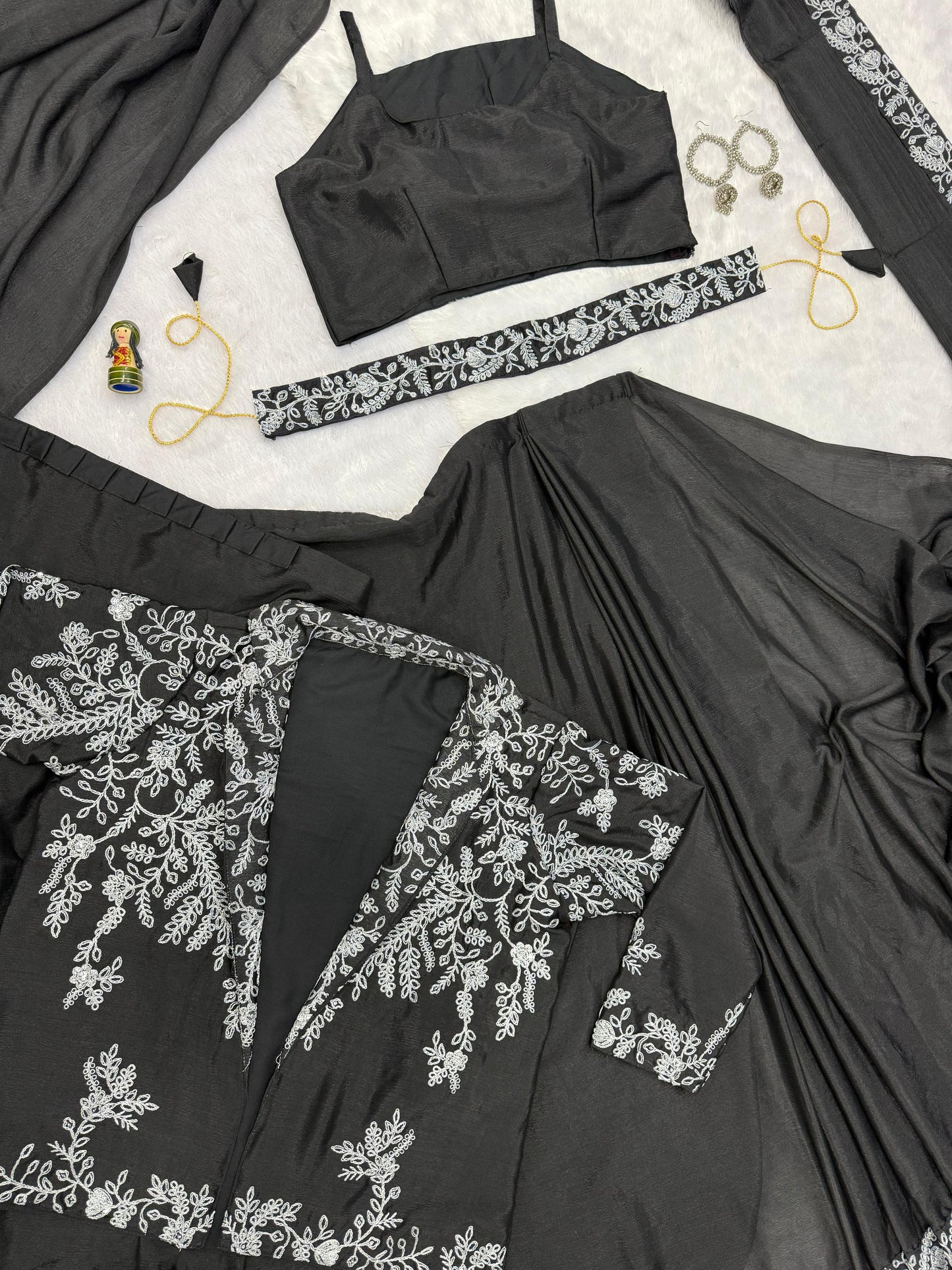 Designer Chinon Saree with Fully Embroidered Koti Jacket & Waist Belt Set