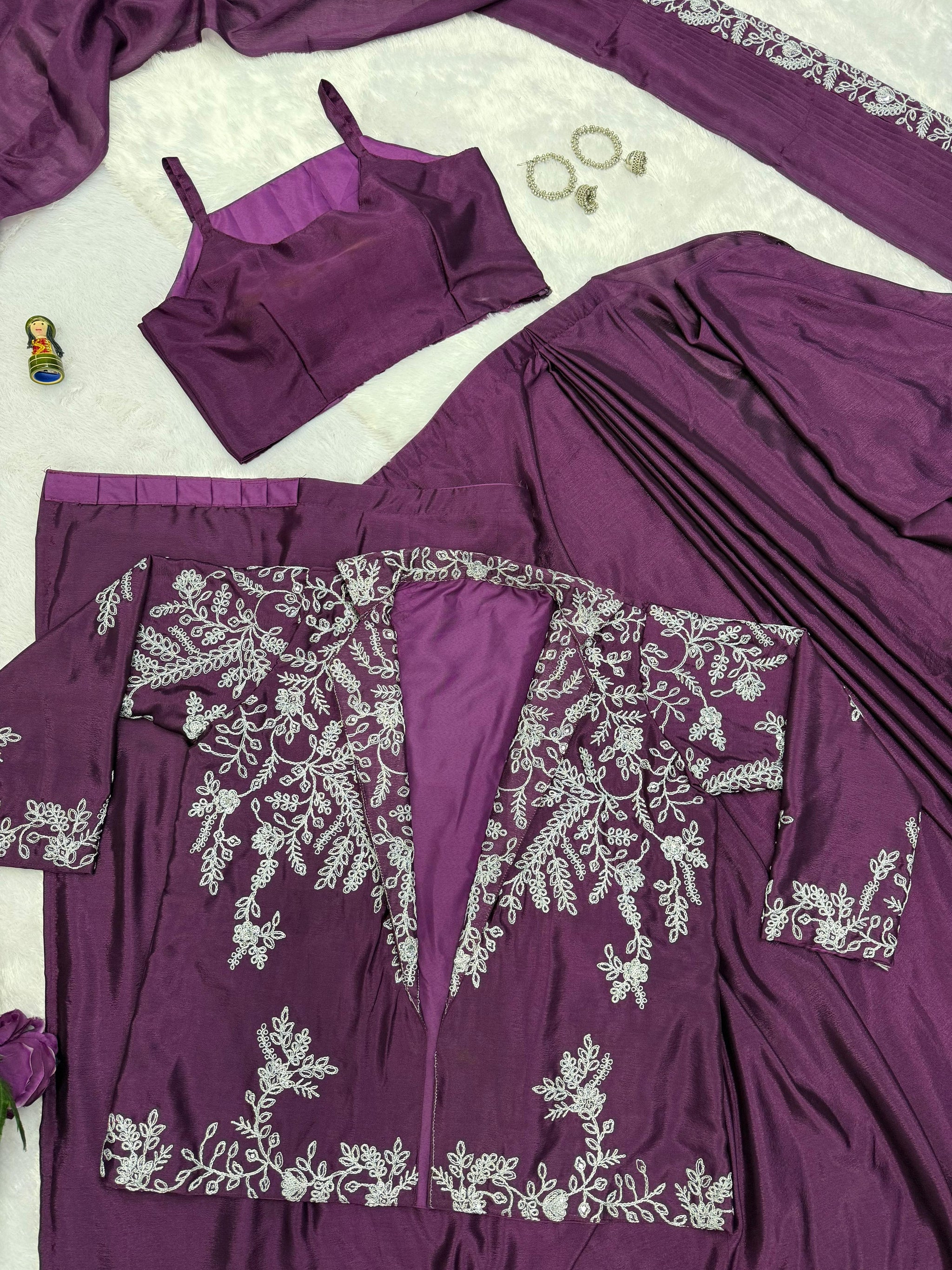 Designer Chinon Saree with Fully Embroidered Koti Jacket & Waist Belt Set