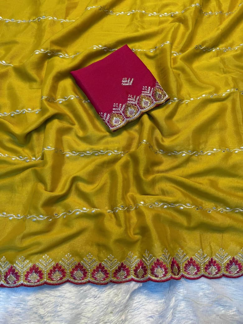 Premium Star Georgette Saree with All-Over C-Pallu Embroidery & Matching Work Blouse