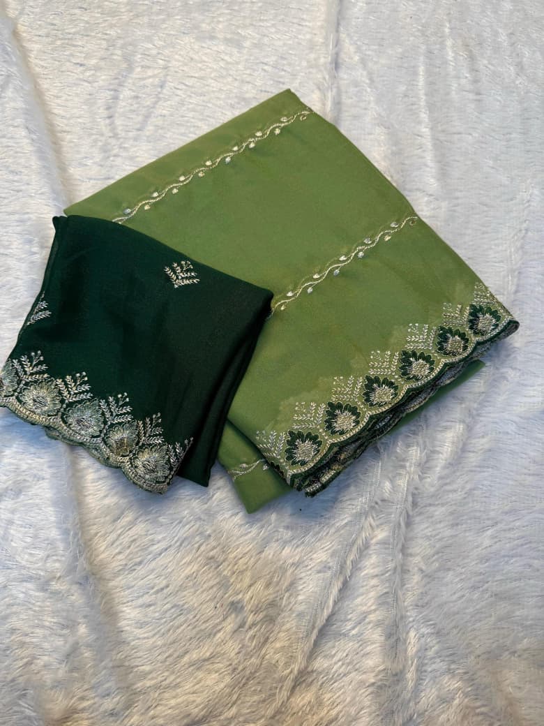 Premium Star Georgette Saree with All-Over C-Pallu Embroidery & Matching Work Blouse