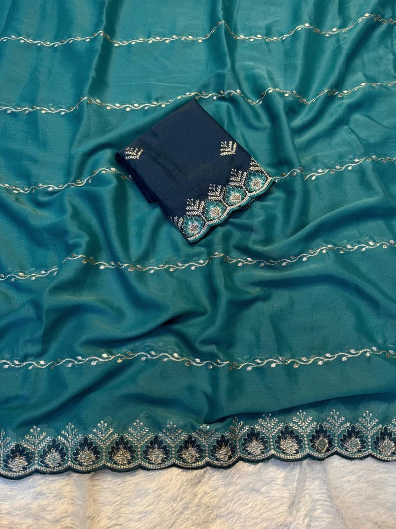 Premium Star Georgette Saree with All-Over C-Pallu Embroidery & Matching Work Blouse