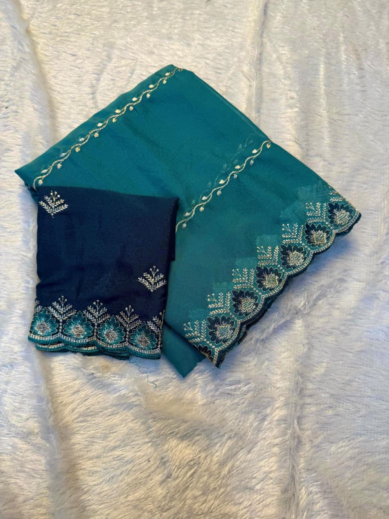 Premium Star Georgette Saree with All-Over C-Pallu Embroidery & Matching Work Blouse