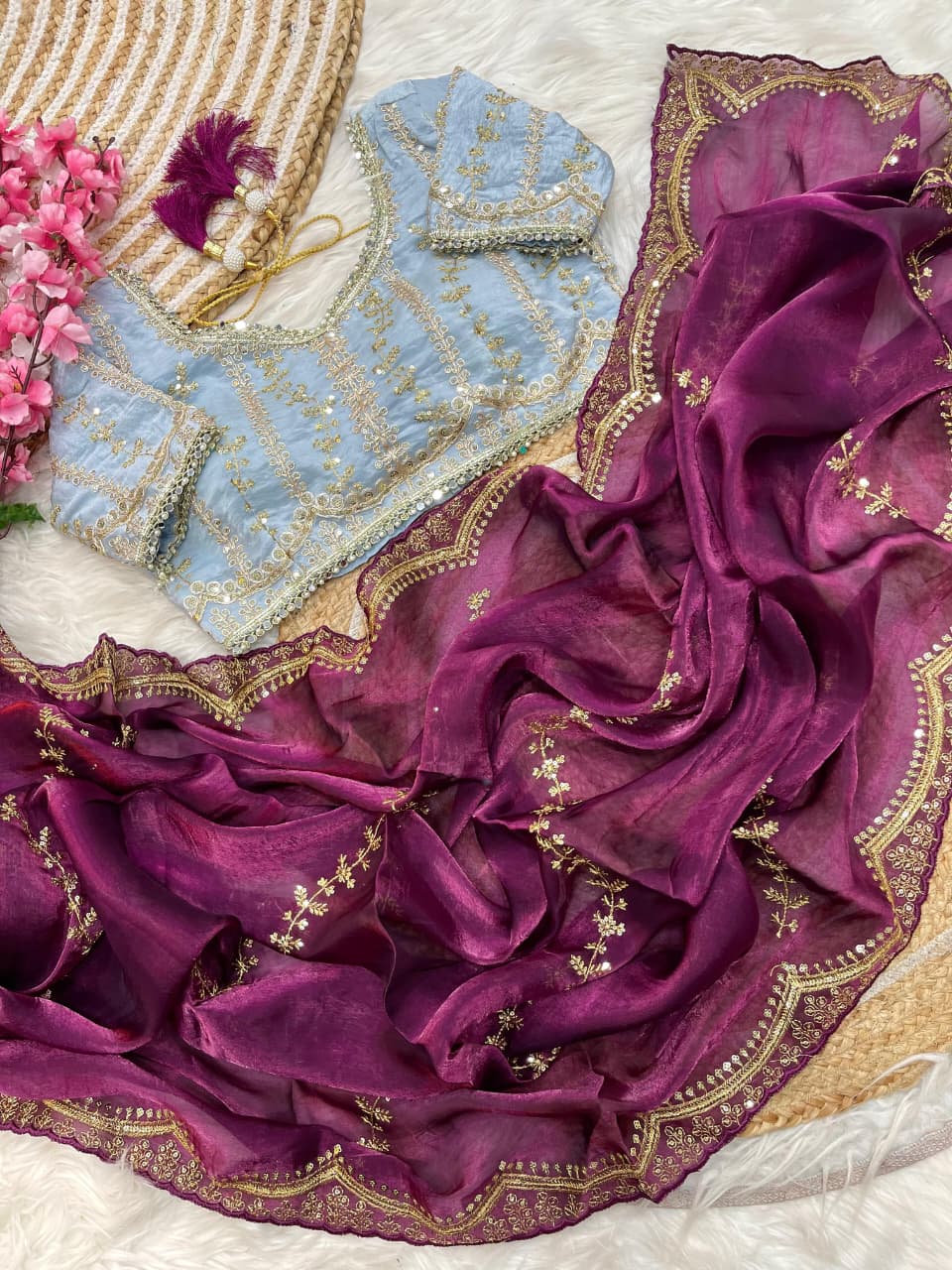 Elegant Rich Look Fendy Satin Saree with Heavy Border Sequence Work & Contrast Readymade Blouse with Mirror Lace