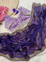 Elegant Rich Look Fendy Satin Saree with Heavy Border Sequence Work & Contrast Readymade Blouse with Mirror Lace