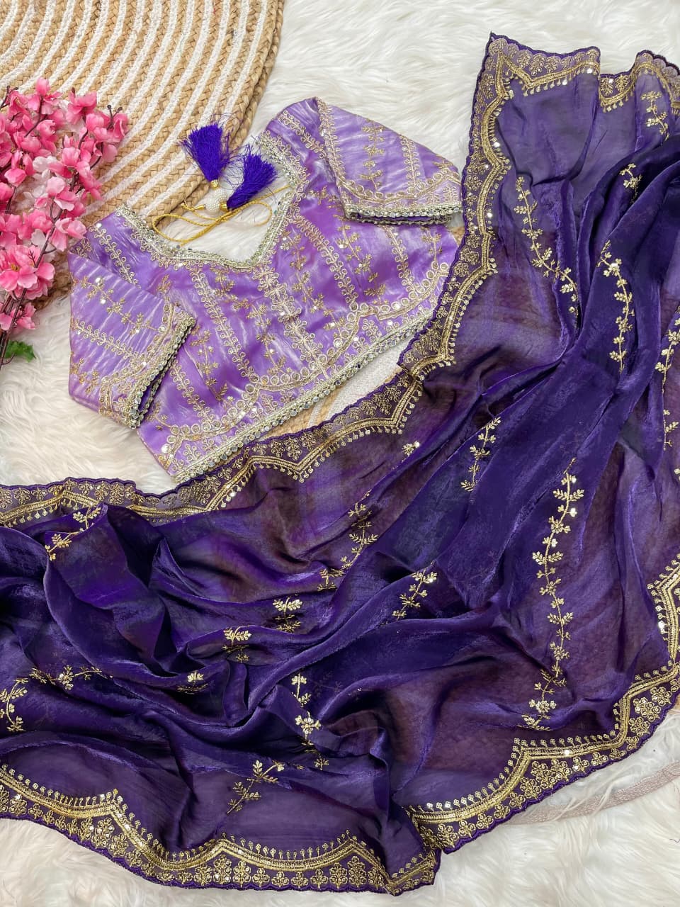 Elegant Rich Look Fendy Satin Saree with Heavy Border Sequence Work & Contrast Readymade Blouse with Mirror Lace